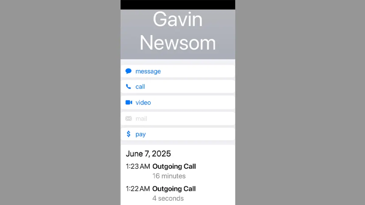 El presidente Donald Trump proporcionó a Fox News esta captura de pantalla, que según él muestra los detalles de una llamada telefónica realizada al gobernador Gavin Newsom el 7 de junio de 2025. (Fox News).