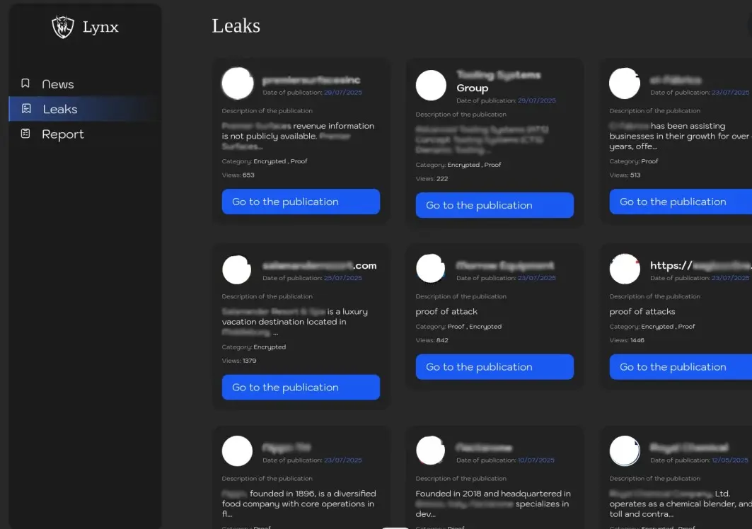 Las capturas de pantalla muestran el sitio web oscuro del grupo de ransomware Lynx, donde se publica el nombre de las víctimas que se niegan a pagar. El negociador de ransomware Mark Lance dijo que la decisión de pagar suele ser una "decisión comercial", ya que las víctimas sopesan si pagar es más rentable que absorber la pérdida e intentar recuperar los datos por otros medios. (Cortesía de Guidepoint Security)