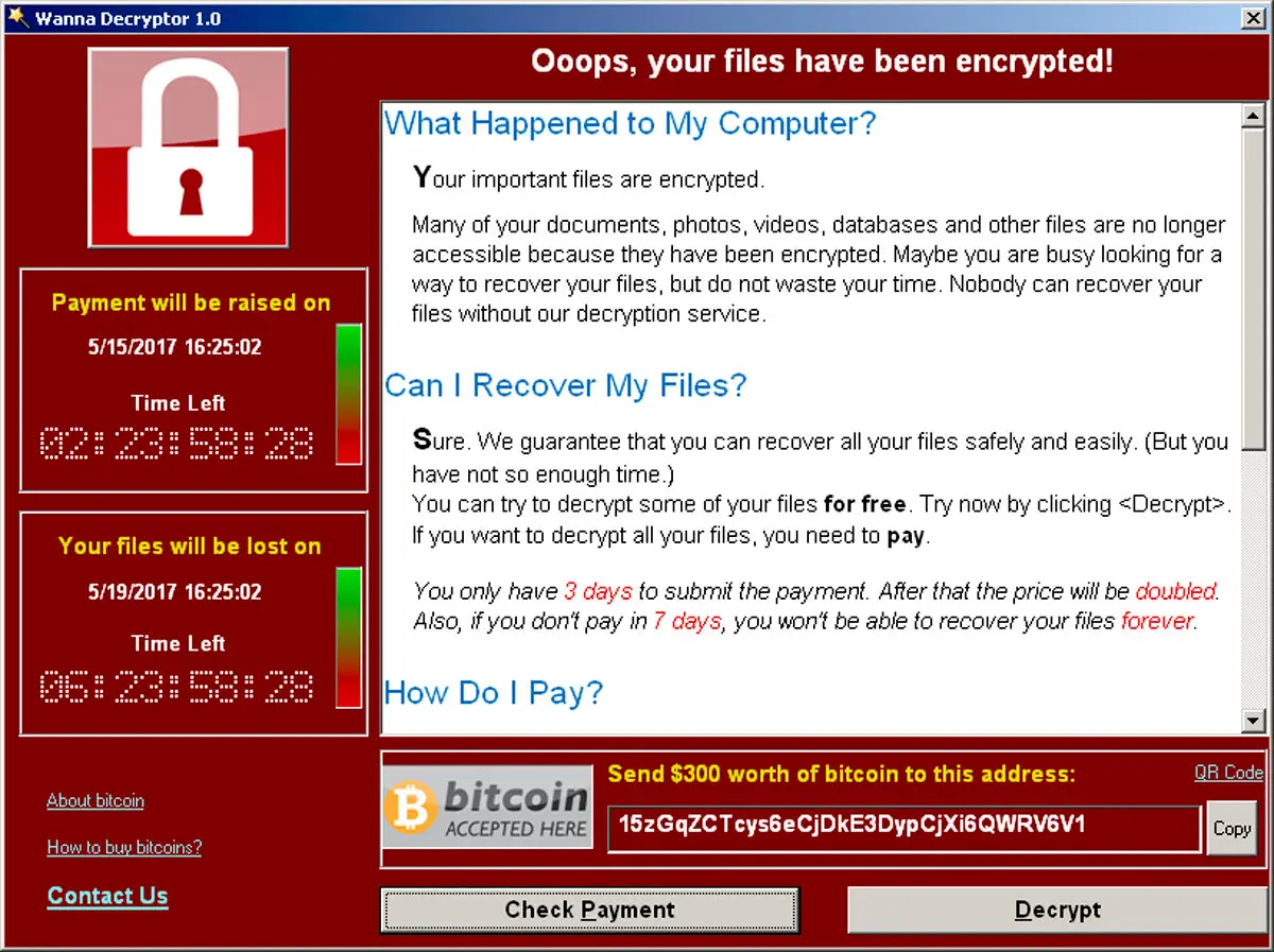 Una captura de pantalla muestra una demanda del ransomware WannaCry, proporcionada por la empresa de ciberseguridad Symantec, en Mountain View, California, el 15 de mayo de 2017. Los expertos afirman que los atacantes suelen dejar una nota en la que indican a las víctimas que no toquen sus sistemas informáticos, sino que descarguen un navegador Tor, visiten un sitio de la darknet e inicien la comunicación con el atacante. (Cortesía de Symantec/Handout a través de Reuters).
