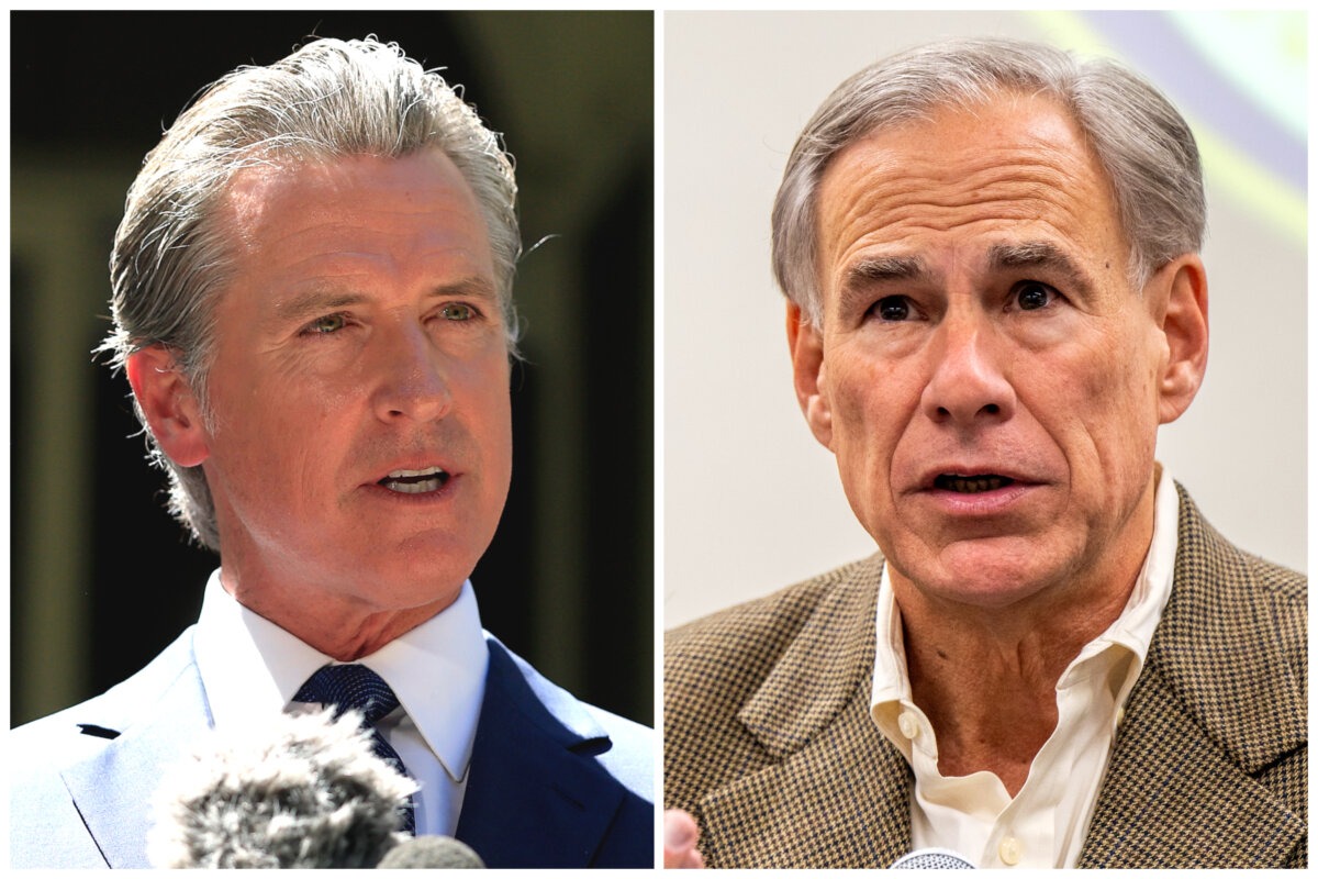 (Izquierda) El gobernador de California, Gavin Newsom, habla durante una rueda de prensa en Sacramento, California, el 25 de julio de 2025. (Derecha) El gobernador de Texas, Greg Abbott, habla en una rueda de prensa en Beaumont, Texas, el 17 de octubre de 2022. Los dos gobernadores se encuentran en bandos opuestos de una guerra por la redistribución de distritos. (Justin Sullivan, Brandon Bell/Getty Images).