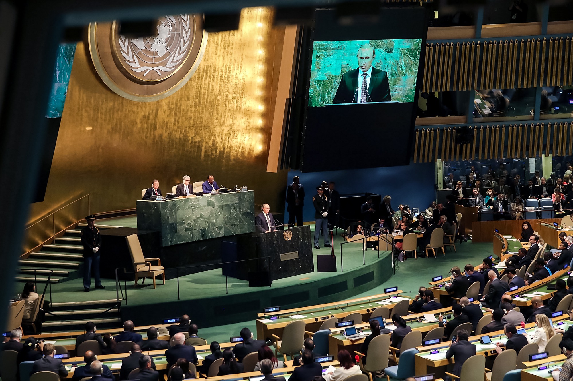 El presidente ruso, Vladimir Putin, se dirige a la Asamblea General de las Naciones Unidas en la sede de la ONU en Nueva York el 28 de septiembre de 2015. (Spencer Platt/Getty Images).