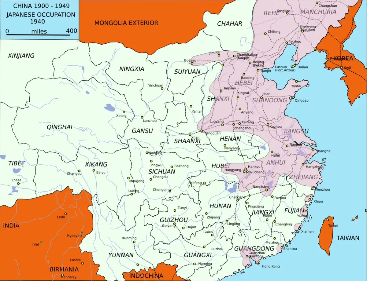 Los territorios de China y los países vecinos ocupados por Japón en 1940 se muestran en naranja y rosa en un mapa. (Dominio público)