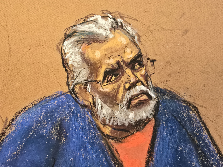 Fotografía de un dibujo realizado por la artista Jane Rosenberg del narcotraficante mexicano Ismael 'El Mayo' Zambada durante el juicio en un tribunal federal en Nueva York, Estados Unidos. (EFE/ Jane Rosenberg)