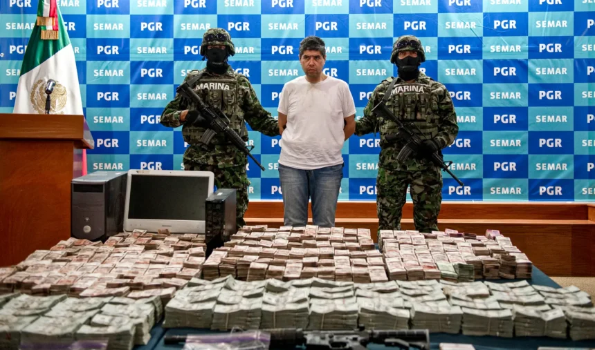 Marinos mexicanos presentan a la prensa al presunto miembro del cártel de drogas Los Zetas, Eric Jovan Lozano Díaz (C), alias “Cucho”, y parte del dinero incautado durante su arresto en Nuevo Laredo, estado de Tamaulipas, el 15 de junio de 2012. (Ronaldo Schemidt/AFP/Getty Images)