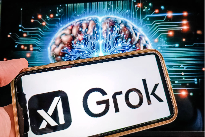 Ilustración del chatbot generativo de IA Grok en una imagen de archivo. A principios de julio, el chatbot generó y difundió inesperadamente publicaciones antisemitas, lo que generó preocupación por las vulnerabilidades de las barreras de seguridad de la IA. (Riccardo Milani/Hans Lucas/AFP vía Getty Images)