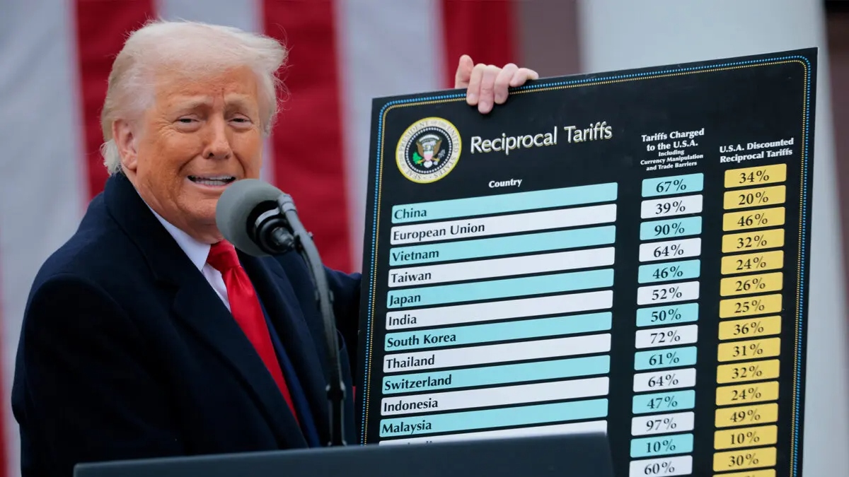 El presidente Donald Trump muestra un gráfico de aranceles recíprocos mientras habla durante un acto de anuncio comercial en la Casa Blanca, en Washington, el 2 de abril de 2025. (Chip Somodevilla/Getty Images)