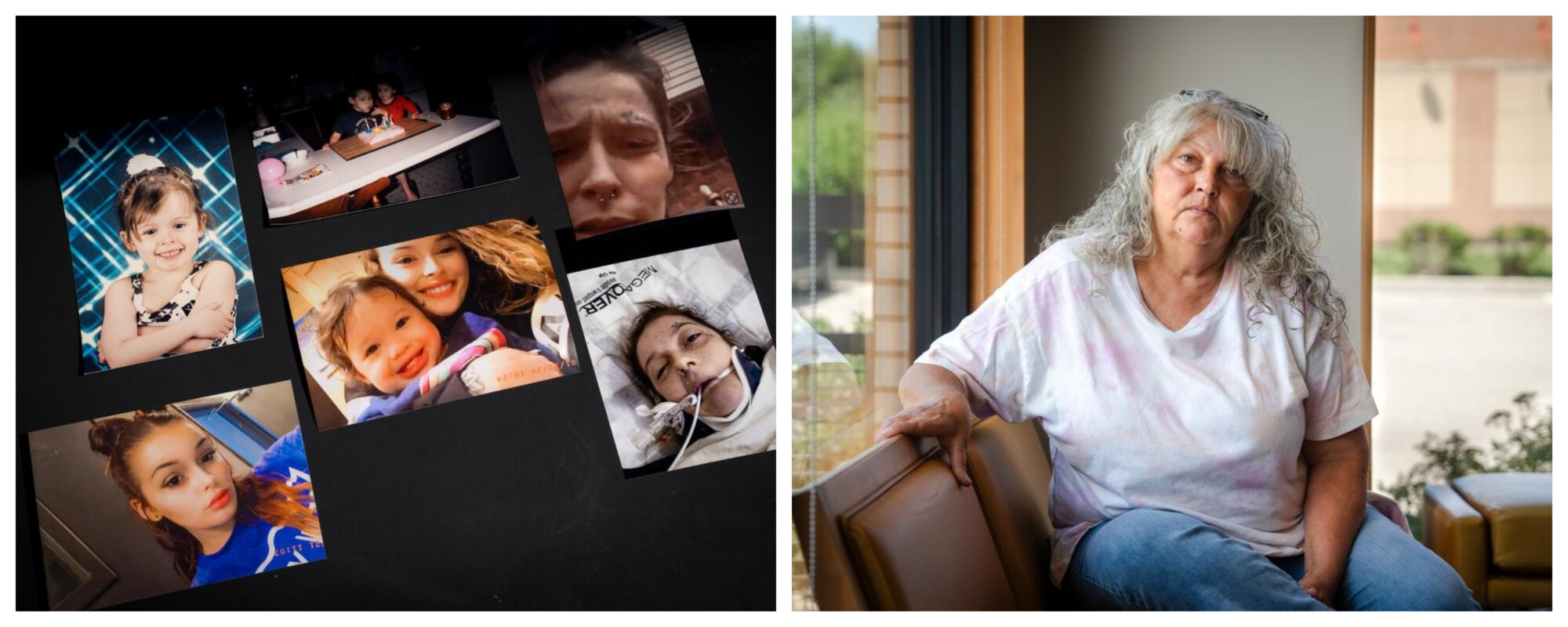 (Izquierda) Fotos de Taylor Tibbs, que murió por envenenamiento con fentanilo a los 27 años y dejó una hija pequeña, expuestas en Parkersburg, Virginia Occidental, el 14 de agosto de 2025. (Derecha) Anita Tibbs, madre de Taylor Tibbs, sentada en una cafetería de Parkersburg, Virginia Occidental, el 14 de agosto de 2025. (Samira Bouaou/The Epoch Times)