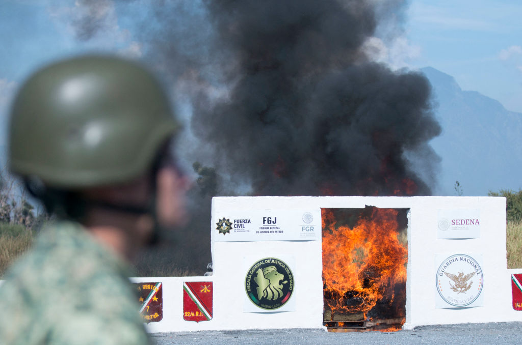 Un miembro del Ejército Mexicano hace guardia durante la incineración de unos 234 kilos de marihuana y 17 kilos de clorhidrato de metanfetamina, entre otras drogas, en Monterrey, Nuevo León, México, el 30 de agosto de 2024. (Foto de JULIO CESAR AGUILAR/AFP vía Getty Images)