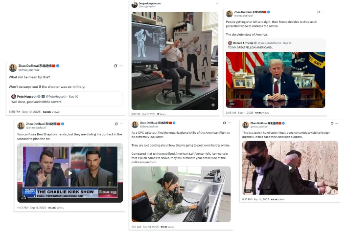 Capturas de pantalla de cuentas de redes sociales pro-PCCh que aprovechan el asesinato de Charlie Kirk para atacar a Estados Unidos. (Capturas de pantalla vía The Epoch Times/X)