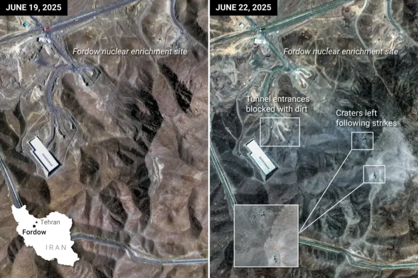Antes y después del bombardeo estadounidense del 21 de junio al sitio de enriquecimiento de uranio de Fordow, al norte de Qom, Irán. (Ilustración de The Epoch Times, Reuters, Shutterstock)
