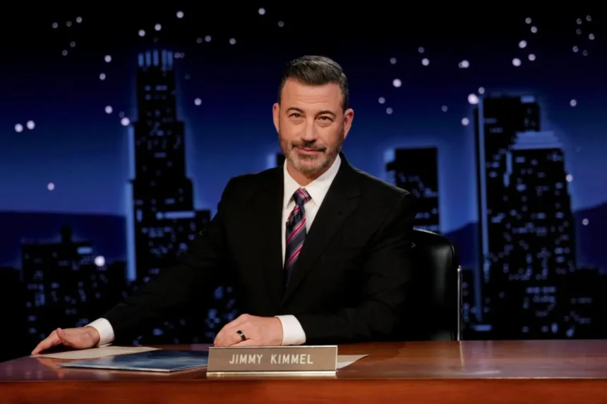 Jimmy Kimmel conduce su programa nocturno “Jimmy Kimmel Live!” en Los Ángeles, el 23 de septiembre de 2025. (Randy Holmes/Disney vía AP)