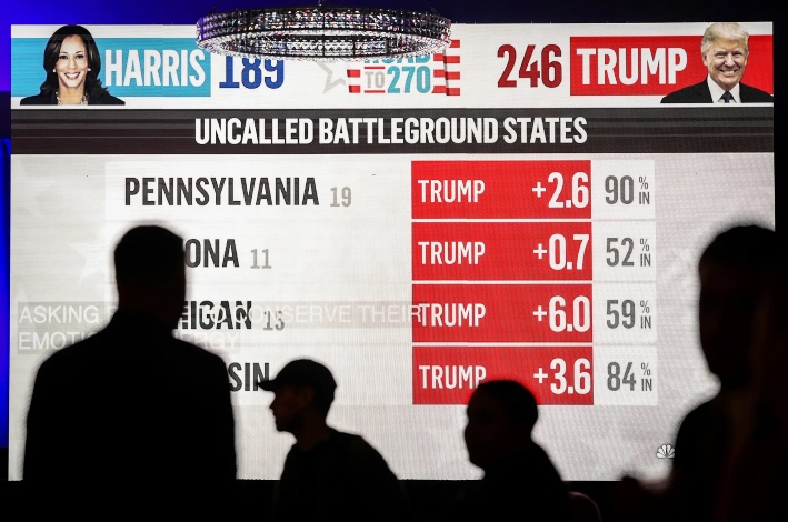 Los votos de los estados disputados que aún no se habían decidido se muestran en una pantalla mientras la fiesta electoral demócrata de Arizona llega a su fin, en Phoenix, el 5 de noviembre de 2024. (Mario Tama/Getty Images)