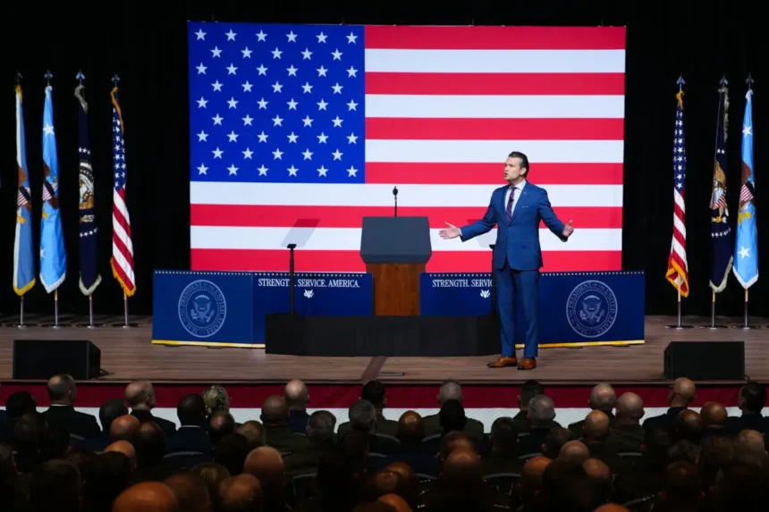 El secretario de Guerra, Pete Hegseth, habla ante altos mandos militares en la Base del Cuerpo de Marines de Quantico, en Quantico, Virginia, el 30 de septiembre de 2025. (Andrew Harnik/Getty Images)