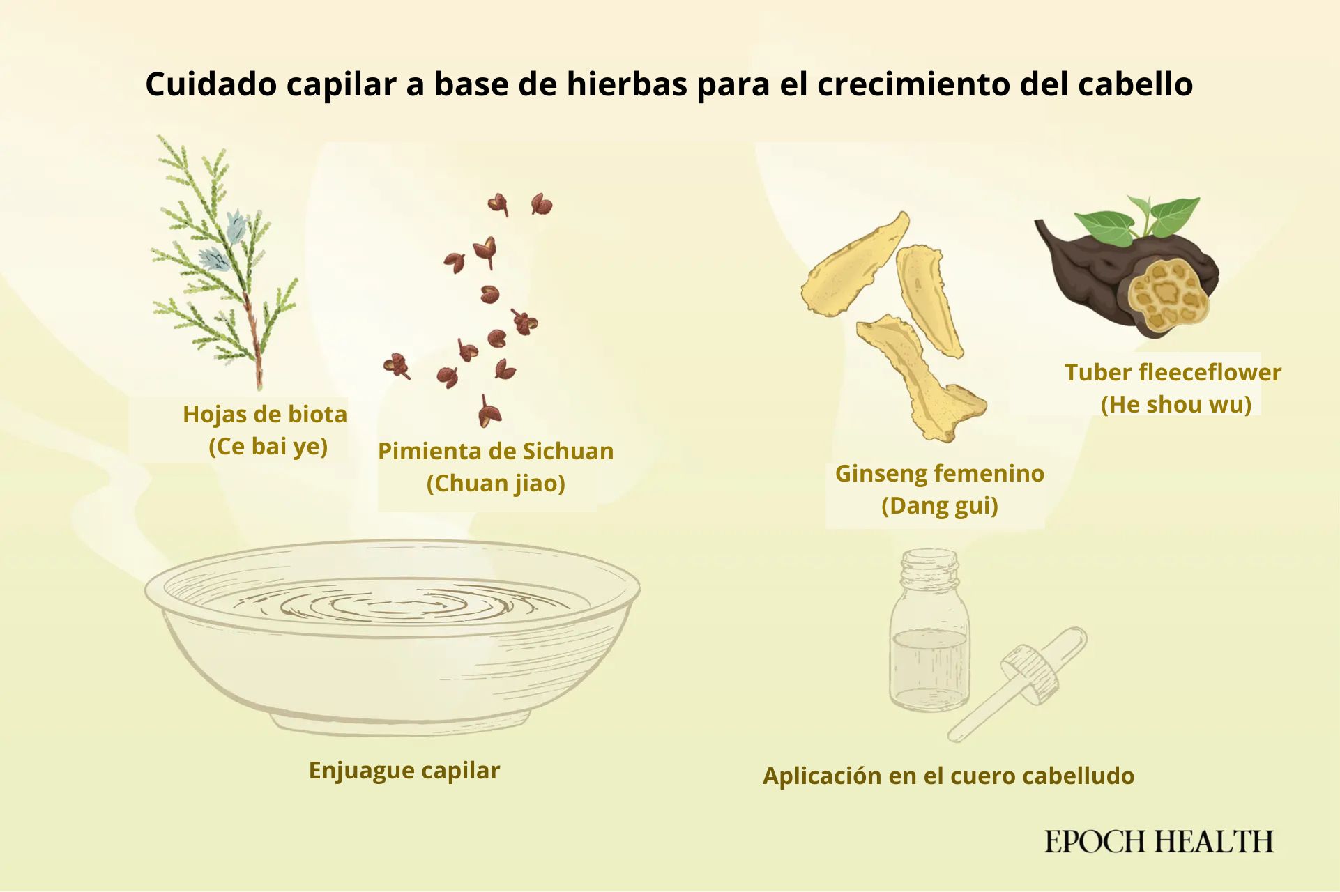 Las hierbas comunes se pueden usar como enjuague natural para el cabello o como aplicación en el cuero cabelludo. (Ilustración de The Epoch Times, Shutterstock)
