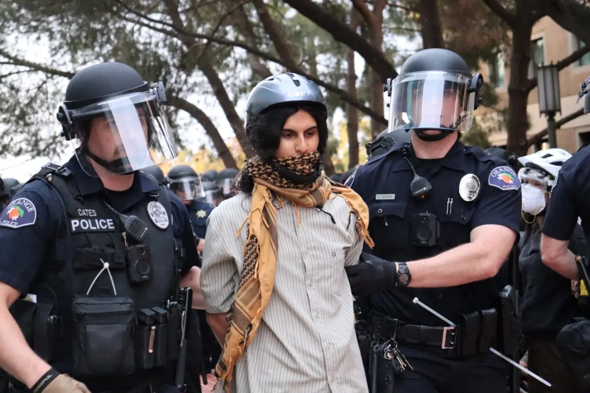 Agentes de la ley arrestan a una persona durante una protesta a favor de Palestina en la Universidad de California-Irvine, en Irvine, California, el 15 de mayo de 2024. (May He/The Epoch Times)