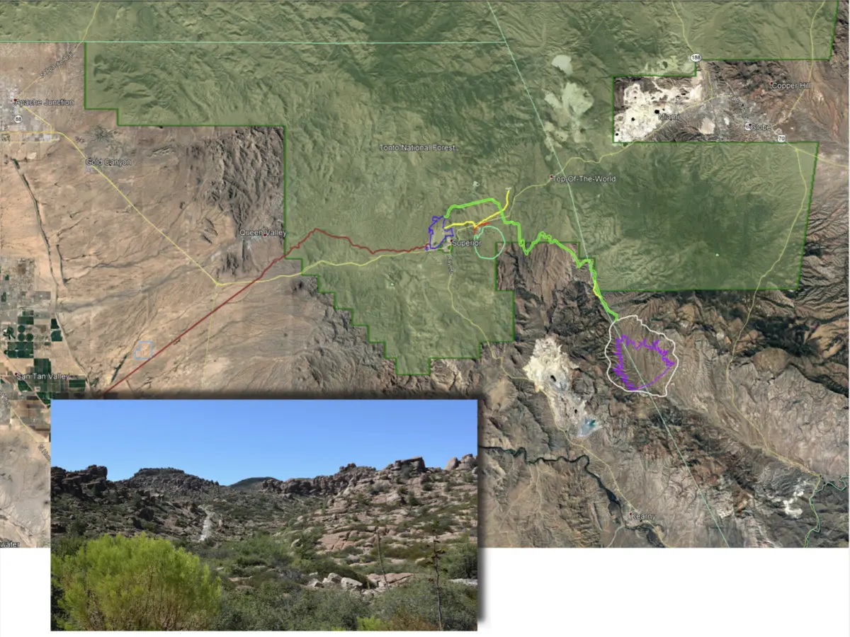 Una ilustración del Servicio Forestal de los Estados Unidos muestra las 5400 acres de tierra protegida que Resolution Copper quiere intercambiar por 2422 acres dentro del Bosque Nacional Tonto en Arizona, donde la empresa quiere construir una mina de cobre de 7000 acres, con un recuadro que destaca la zona de Oak Flat, que los apaches occidentales consideran un lugar sagrado. (Servicio Forestal de los Estados Unidos).
