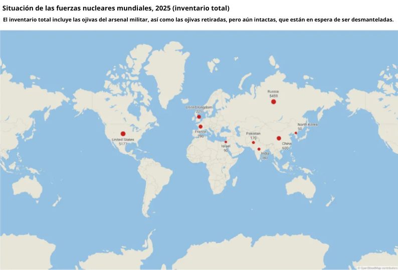 Estado de las fuerzas nucleares mundiales, 2025, inventario total. (Federación de Científicos Americanos).