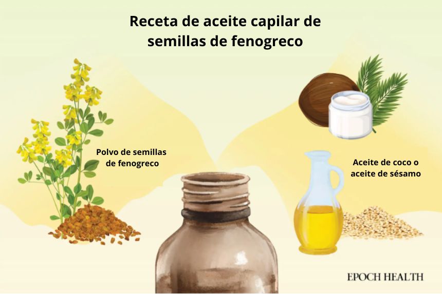 Aplicar regularmente aceite capilar de semillas de fenogreco o alholva en el cuero cabelludo puede ayudar a estimular el crecimiento del cabello. Ilustración de The Epoch Times, Shutterstock