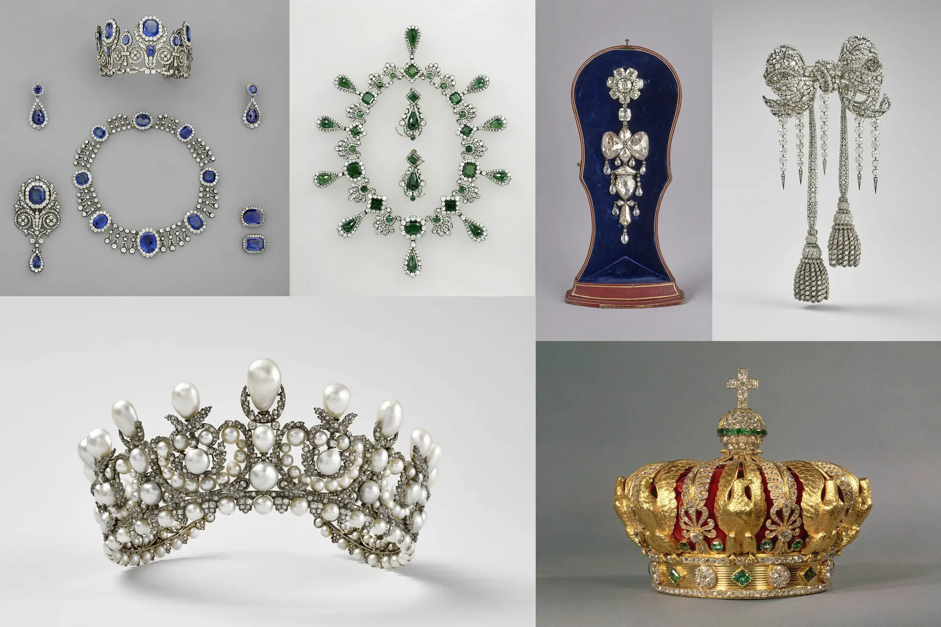 (En el sentido de las agujas del reloj desde la parte superior izquierda) Una tiara, un collar y un pendiente del conjunto de joyas de zafiro de la reina María Amelia y la reina Hortensia. Un collar de esmeraldas y un par de pendientes de esmeraldas del conjunto de joyas de la emperatriz María Luisa. Un broche conocido como "broche relicario". Un gran broche con forma de nudo de corpiño de la emperatriz Eugenia. Una tiara de la emperatriz Eugenia. La corona de la esposa de Napoleón III, la emperatriz Eugenia. (Stéphane Maréchalle/Musée du Louvre)
