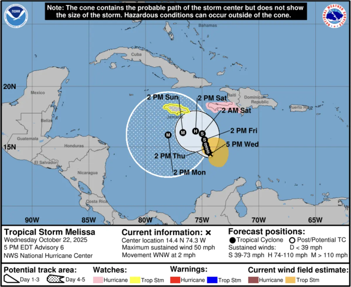 Trayectoria prevista de la tormenta tropical Melissa a medida que se desarrolla al sur de La Española y Jamaica el 22 de octubre de 2025. (Centro Nacional de Huracanes).