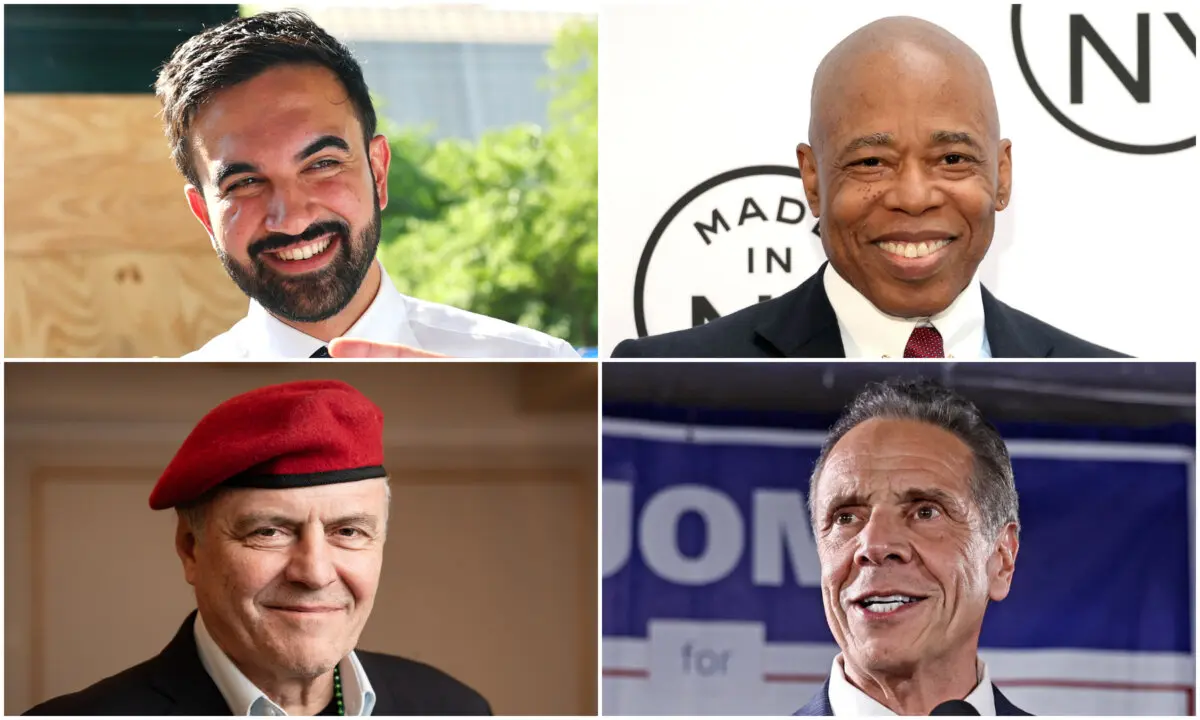 (En el sentido de las agujas del reloj desde arriba a la izquierda) Los candidatos a la alcaldía de Nueva York: el representante estatal Zohran Mamdani, el alcalde Eric Adams (retirado de la carrera), el exgobernador Andrew Cuomo y el fundador de Guardian Angels, Curtis Sliwa. (Fotos: Santiago/Getty Images; Michael Loccisano/Getty Images; John Lamparski/AFP vía Getty Images; Samira Bouaou/The Epoch Times).