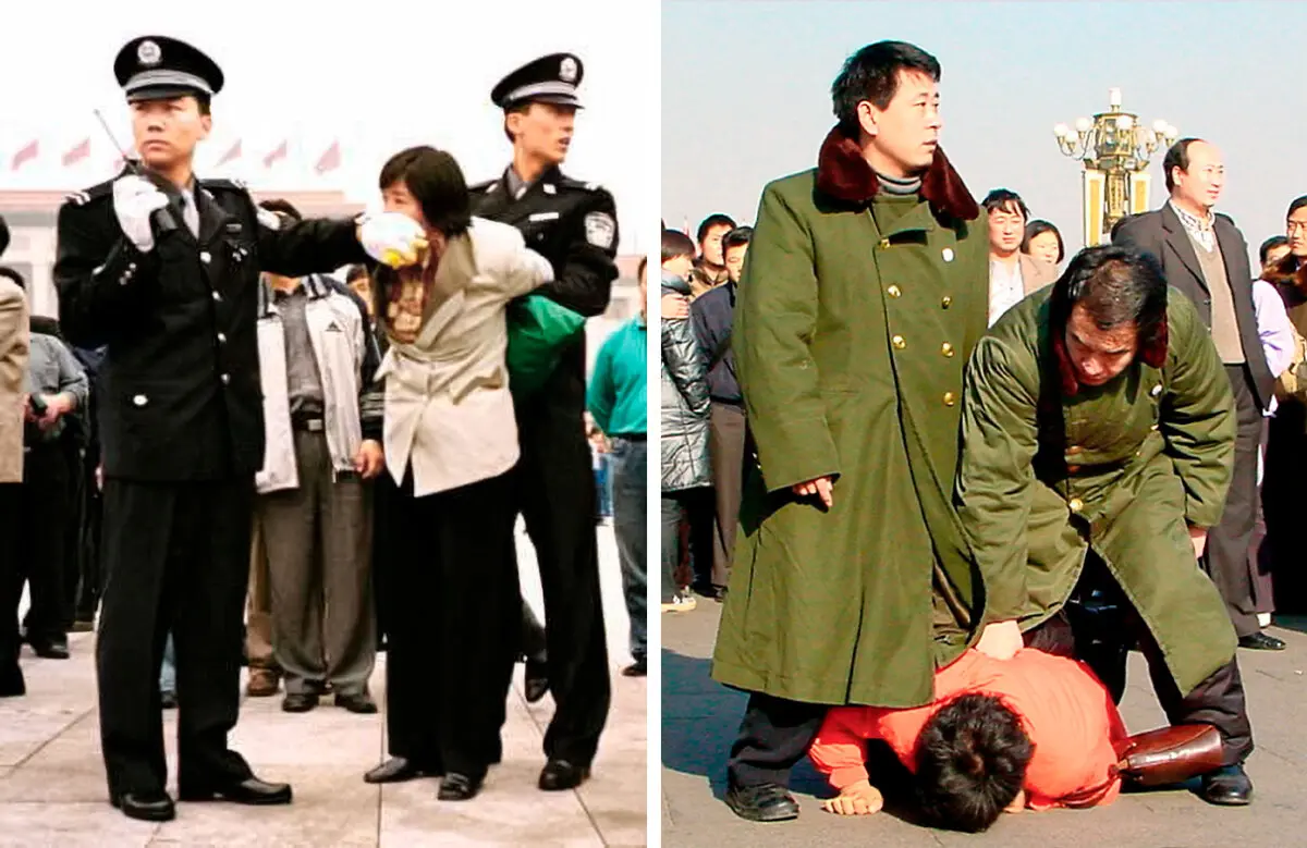 (Izquierda) Dos agentes de policía chinos arrestan a un practicante de Falun Gong en la plaza de Tiananmen, en Beijing, el 10 de enero de 2000. (Derecha) La policía china detiene a un practicante de Falun Gong en la plaza de Tiananmen, en Beijing, en esta foto de archivo. (Chien-Min Chung/AP Photo, Minghui).