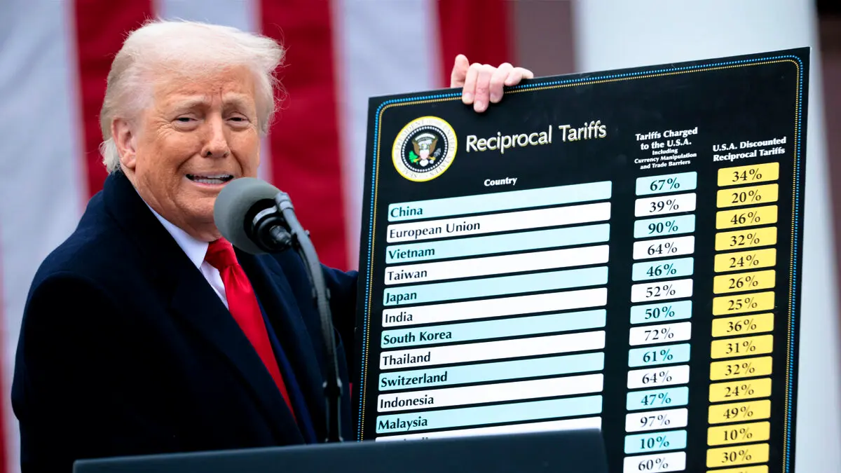 <em>El presidente de Estados Unidos, Donald Trump, sostiene un gráfico de aranceles recíprocos mientras habla durante un evento de anuncio comercial "Make America Wealthy Again" (Hagamos que Estados Unidos vuelva a ser rico) en el Jardín de las Rosas de la Casa Blanca en Washington el 2 de abril de 2025. Chip Somodevilla/Getty Images</em>