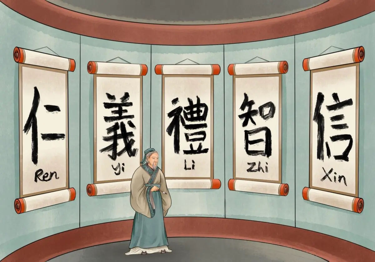 <em>Las enseñanzas de Confucio sobre Ren, Yi, Li, Zhi y Xin. (Linda Zhao/The Epoch Times)</em>