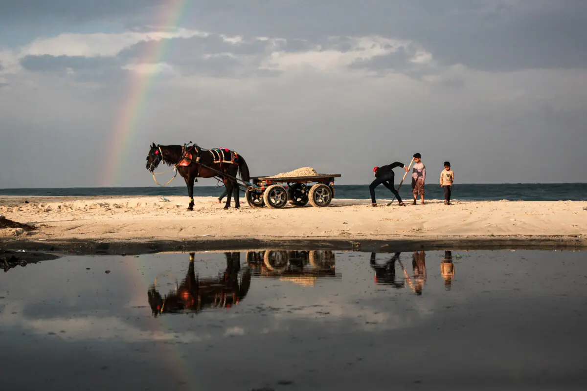Un hombre carga arena en un carro tirado por caballos mientras aparece un arcoíris sobre Deir al-Balah, en el centro de la Franja de Gaza, el 10 de diciembre de 2025. (Bashar Taleb/AFP a través de Getty Images).