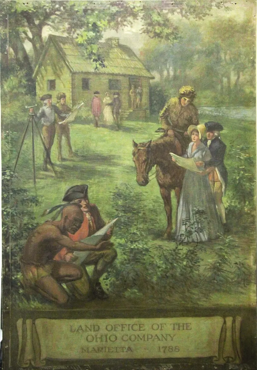 Representación de la Oficina de Tierras de la Ohio Company, en la ciudad de Marietta, Ohio, hacia 1935. Dominio público