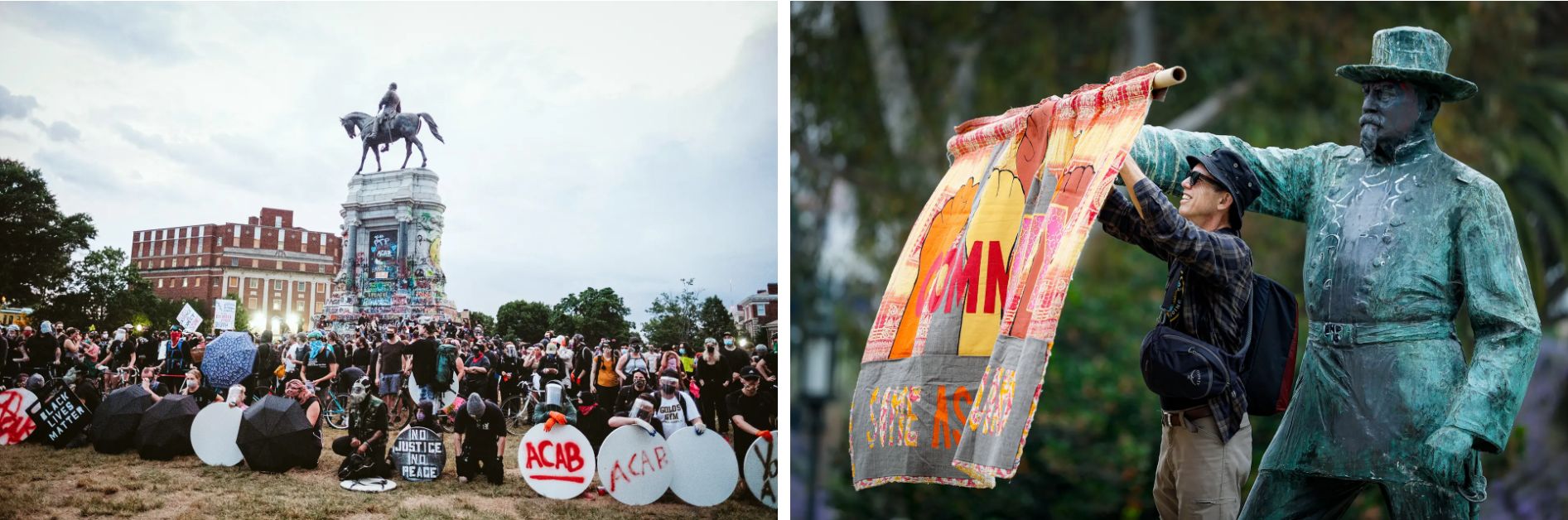 (En el sentido de las agujas del reloj desde arriba a la izquierda) Manifestantes rodean la estatua de Robert E. Lee en Richmond, Virginia, el 23 de junio de 2020. Un manifestante cuelga una pancarta de una estatua del general del Ejército de la Unión Harrison Gray Otis en MacArthur Park en Los Ángeles durante una manifestación del Primero de Mayo el 1 de mayo de 2026. Manifestantes se suben a una estatua de Abraham Lincoln durante una protesta de